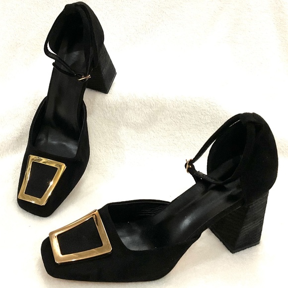 Black Suede Block Heel Closed Toe Pumps With Gold Buckle Detail Size 11 (EU 43) - Picture 2 of 16